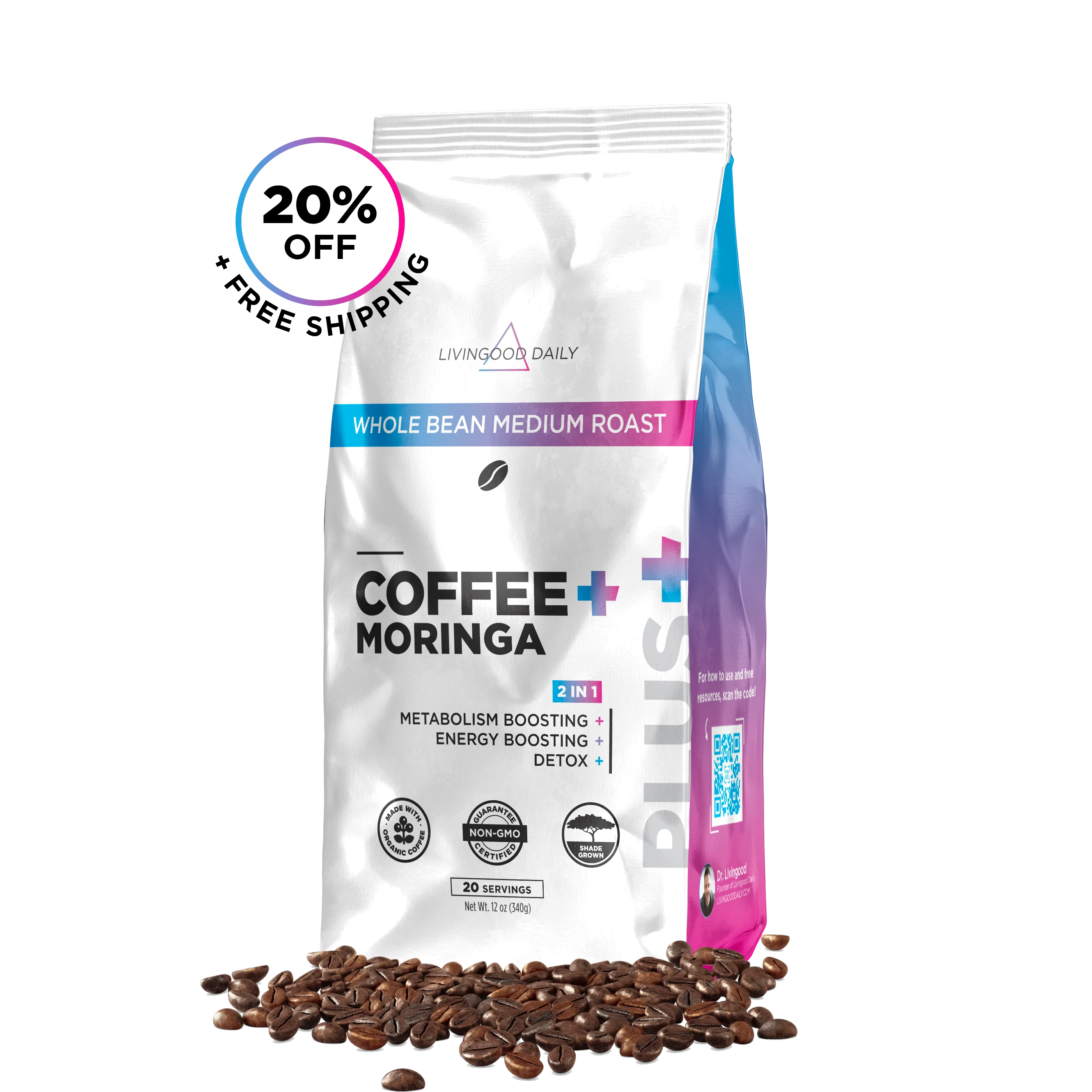 Livingood Daily Coffee + Moringa Whole Bean Medium Roast - 1 Pack
